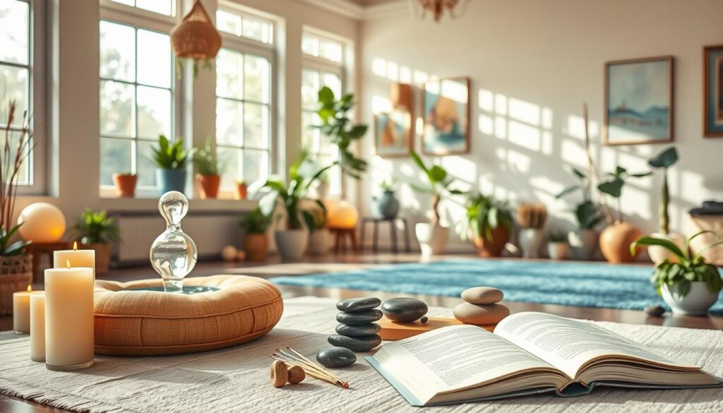 A tranquil, sun-drenched therapy studio featuring a diverse array of therapeutic modalities. In the foreground, a cozy meditation cushion, crystal-infused aromatherapy candles, and a serene water fountain set the calming ambiance. The middle ground showcases various holistic implements - acupuncture needles, massage stones, and a open book on mindfulness. In the background, large windows bathe the space in warm, natural light, with potted plants and soothing artwork lining the walls. An atmosphere of wellness, balance, and self-discovery permeates the scene, inviting the viewer to explore the transformative powers of the different therapies on display.